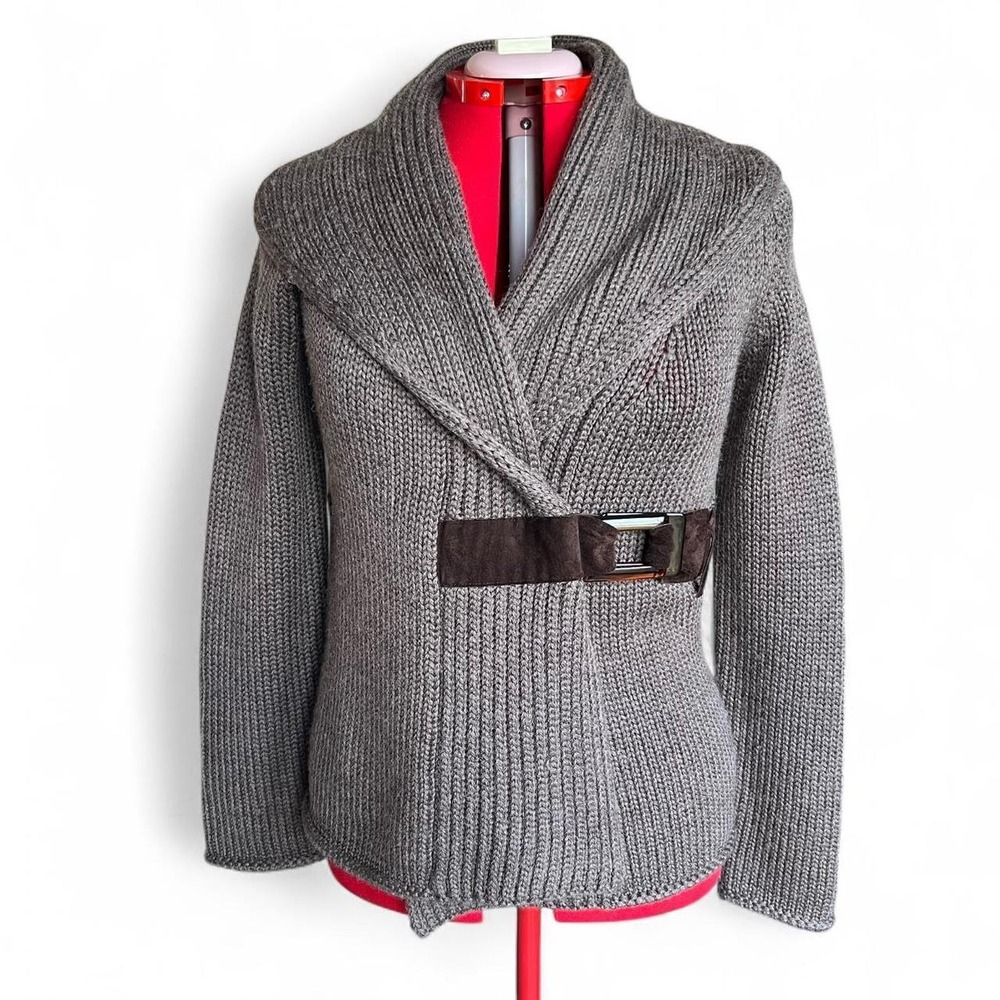 Soft Surroundings Belted Wool Blend Cardigan With Collar & Brown Belt Medium